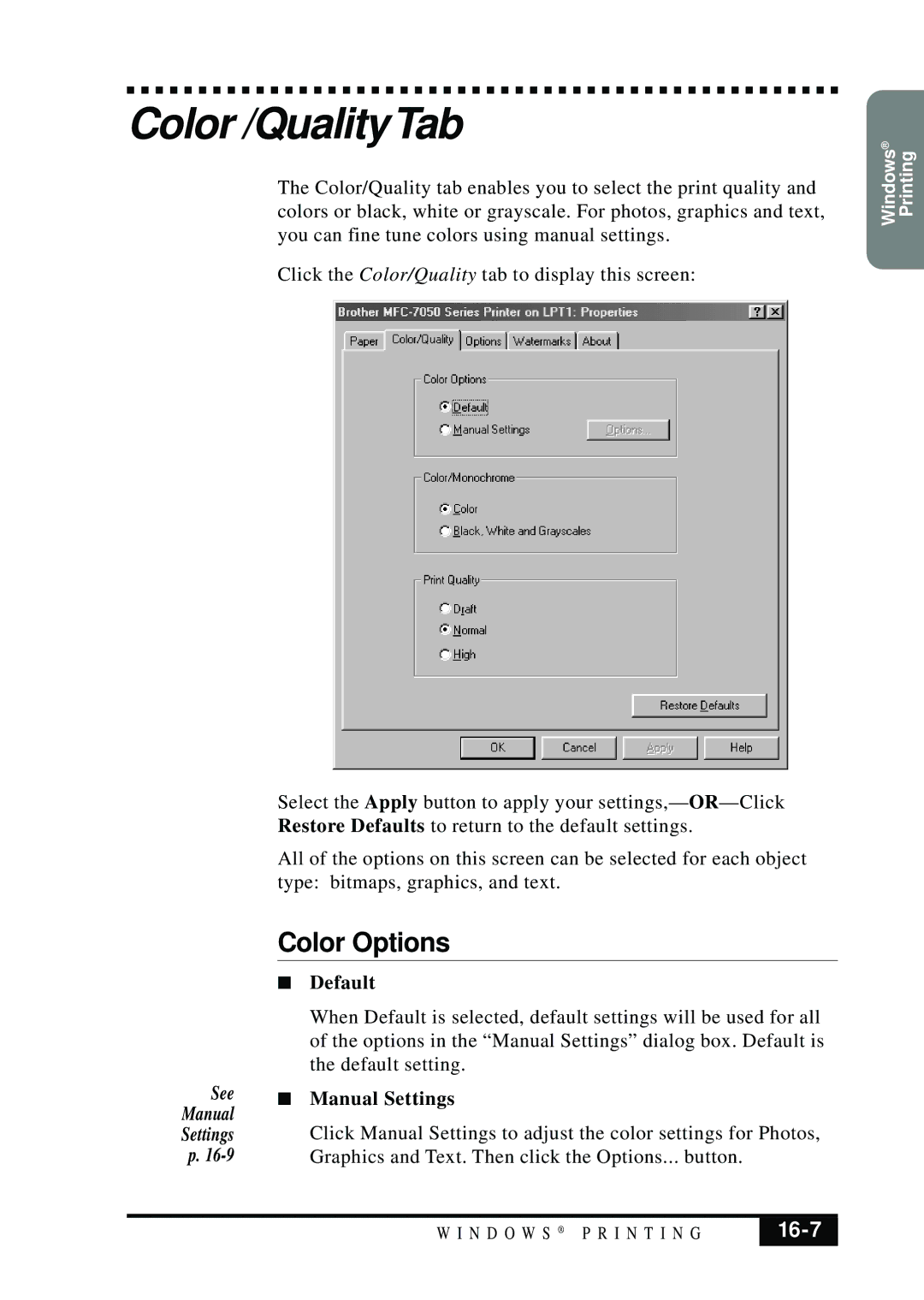 Visioneer MFC7050C owner manual Color /QualityTab, Color Options, 16-7, Default, Manual Settings 