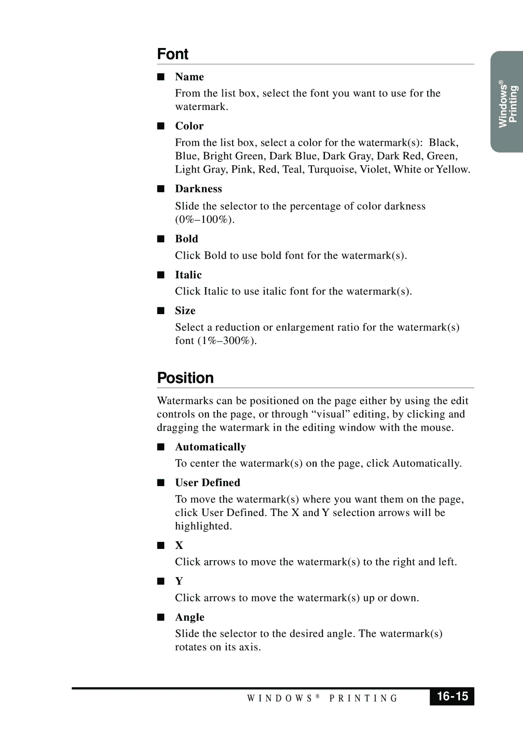 Visioneer MFC7050C owner manual Font, Position, 16-15 