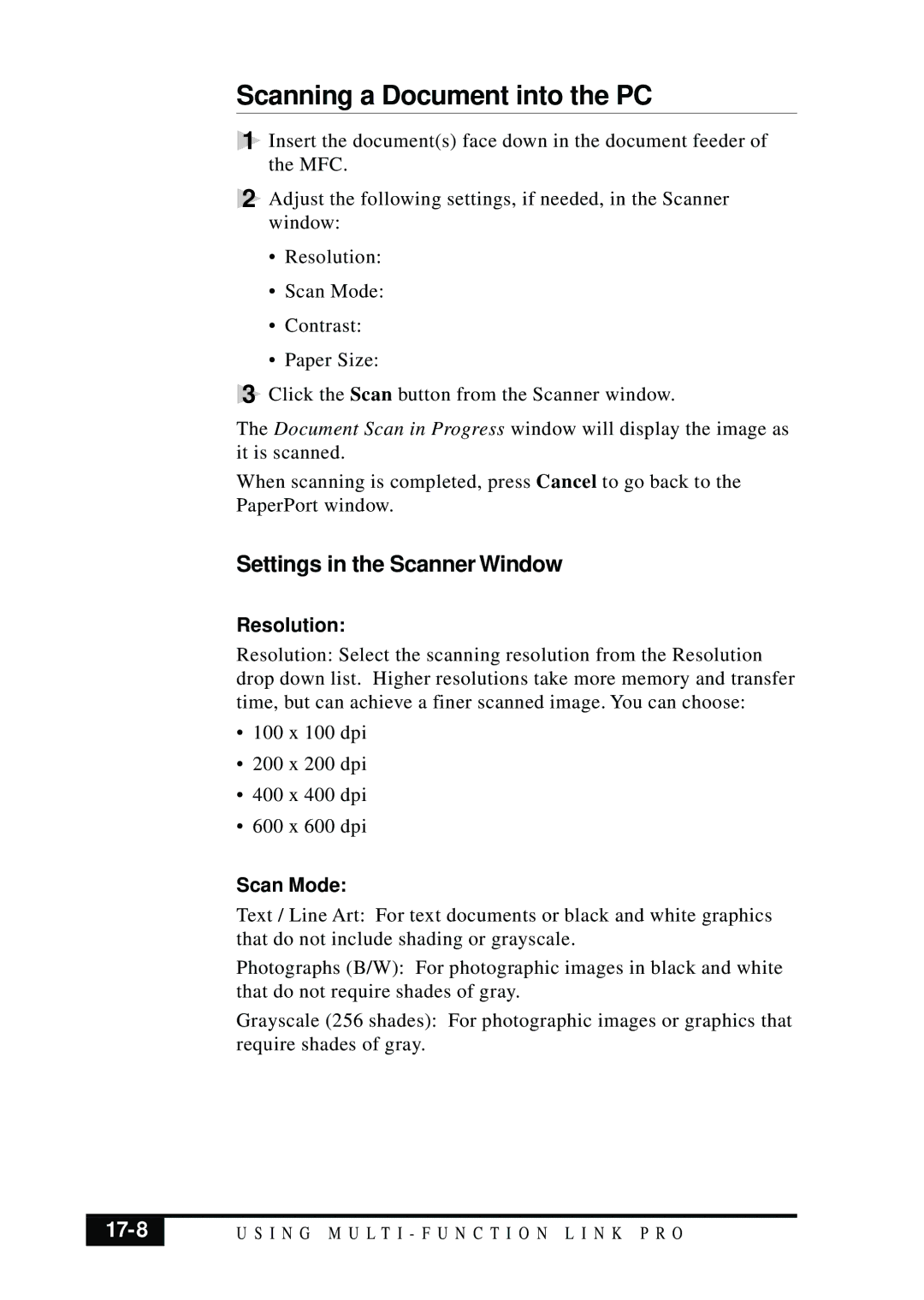 Visioneer MFC7050C owner manual Scanning a Document into the PC, Settings in the Scanner Window, 17-8 