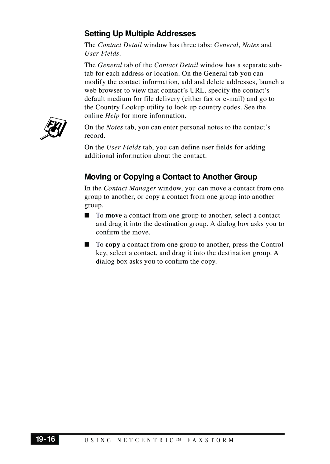 Visioneer MFC7050C owner manual Setting Up Multiple Addresses, Moving or Copying a Contact to Another Group, 19-16 