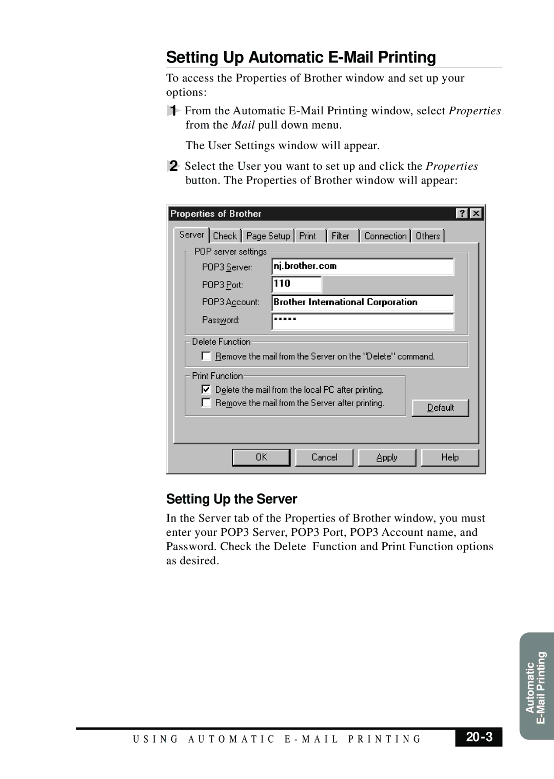 Visioneer MFC7050C owner manual Setting Up Automatic E-Mail Printing, Setting Up the Server, 20-3 