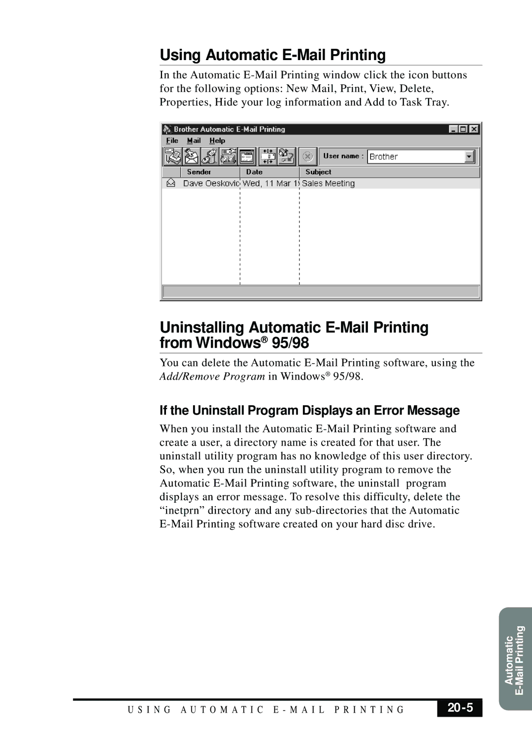Visioneer MFC7050C Using Automatic E-Mail Printing, Uninstalling Automatic E-Mail Printing from Windows 95/98, 20-5 