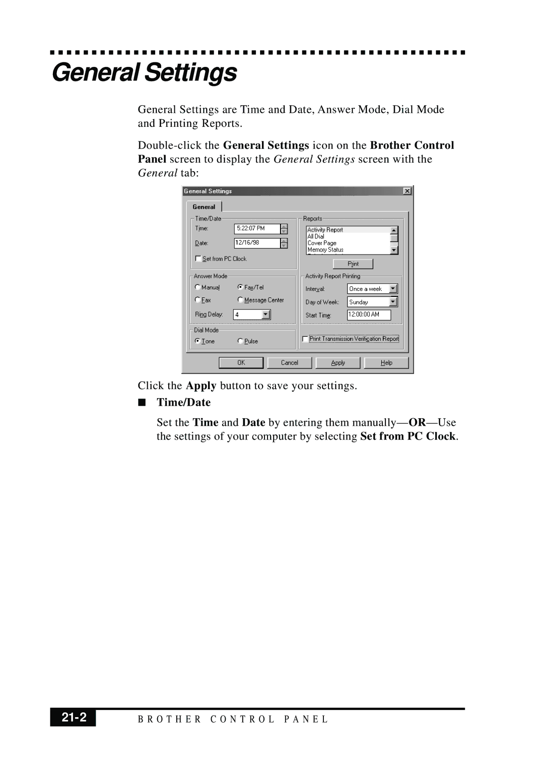 Visioneer MFC7050C owner manual General Settings, 21-2, Time/Date 