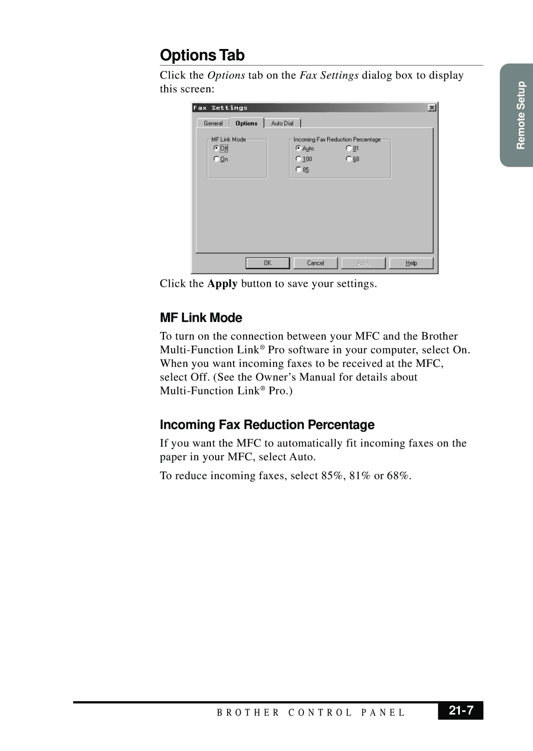 Visioneer MFC7050C owner manual Options Tab, MF Link Mode Incoming Fax Reduction Percentage, 21-7 