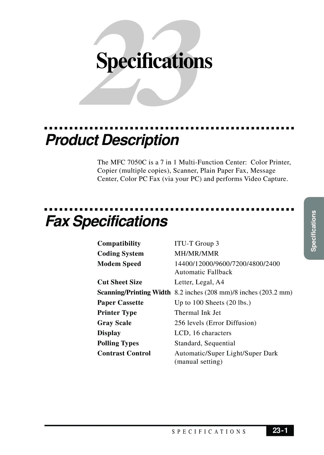 Visioneer MFC7050C owner manual Product Description, Fax Specifications, 23-1 