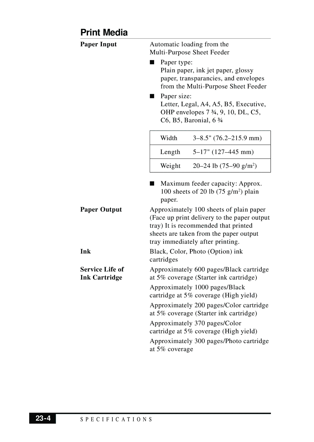 Visioneer MFC7050C owner manual Print Media, 23-4 