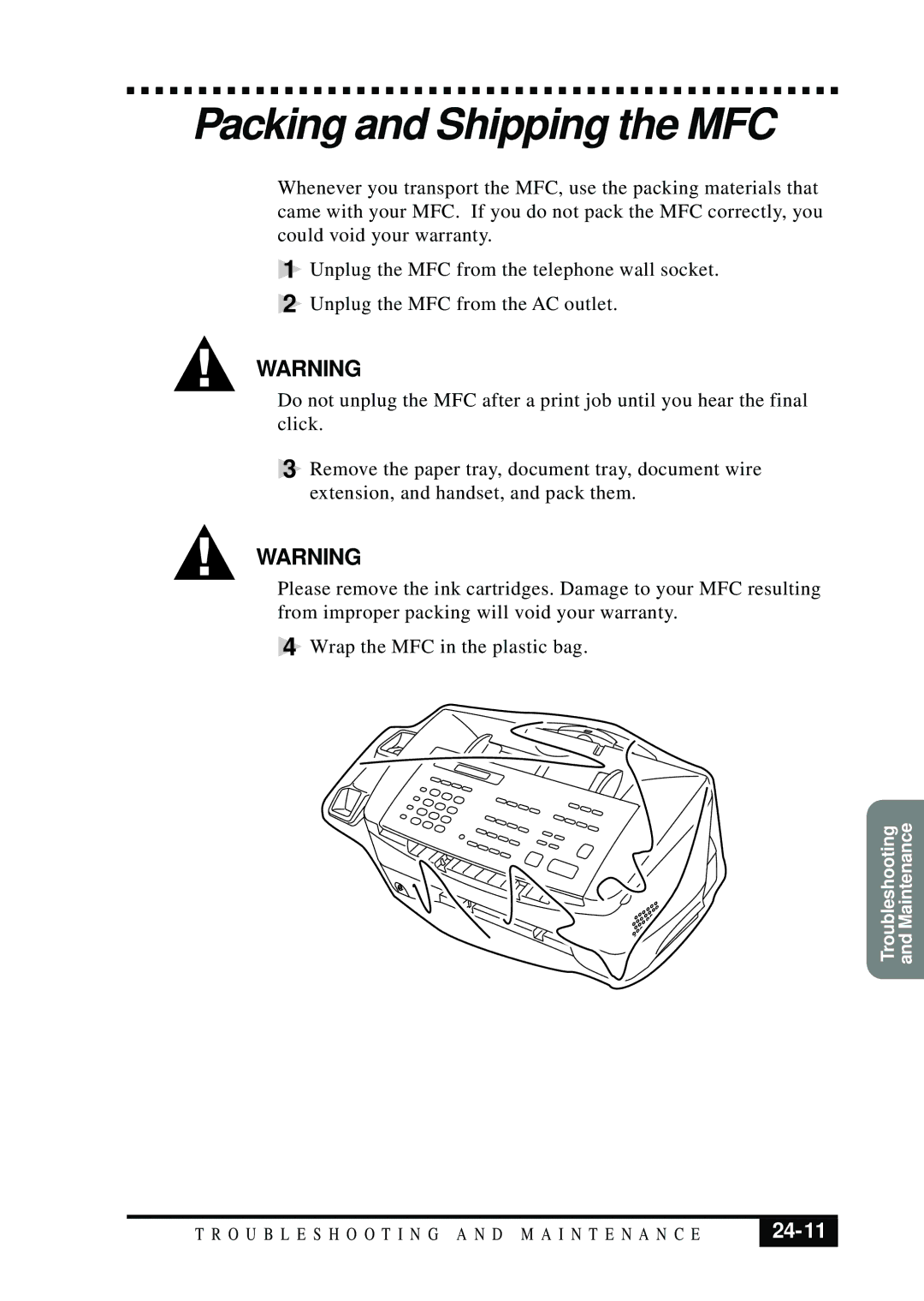 Visioneer MFC7050C owner manual Packing and Shipping the MFC, 24-11 