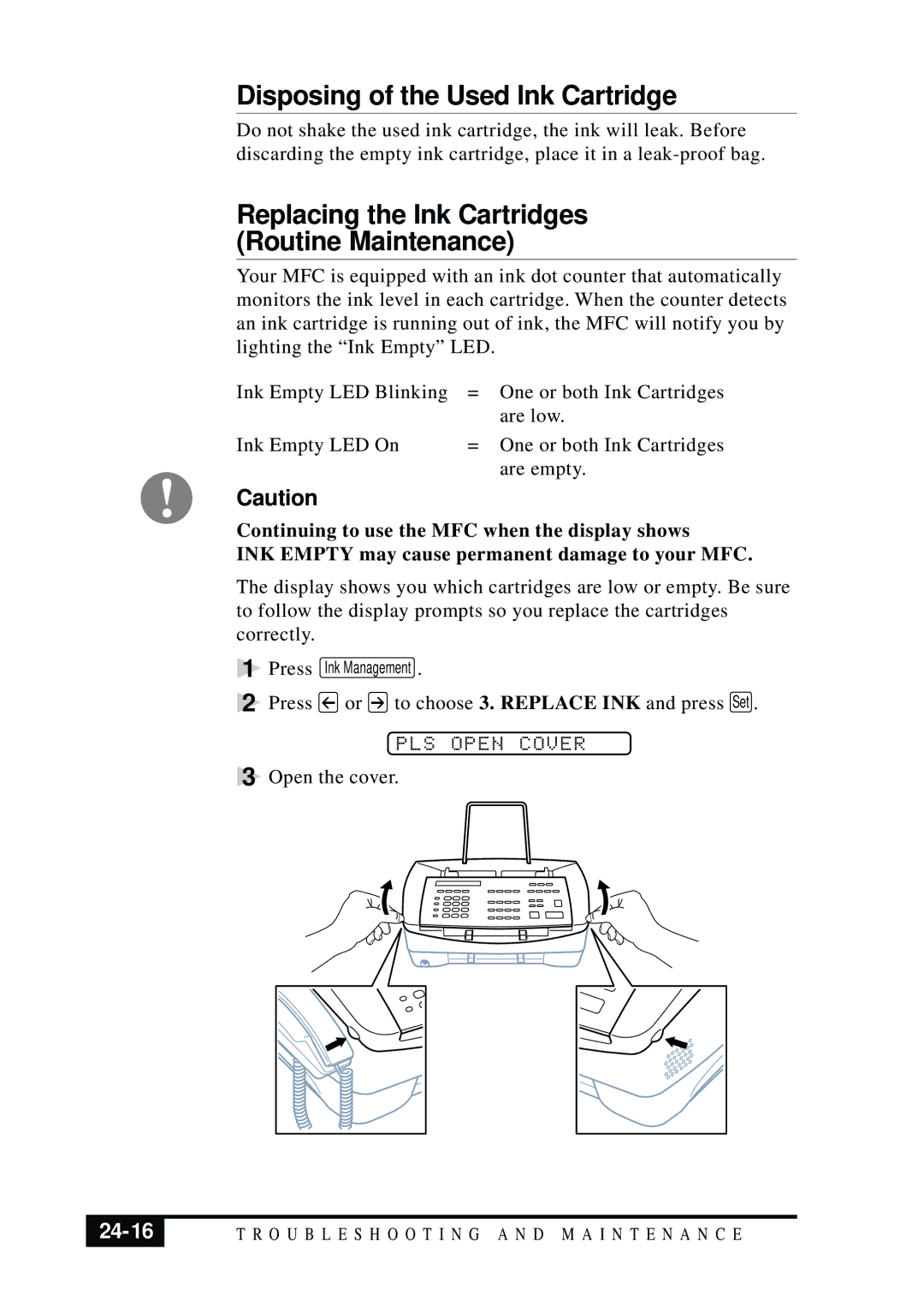 Visioneer MFC7050C Disposing of the Used Ink Cartridge, Replacing the Ink Cartridges Routine Maintenance, 24-16 