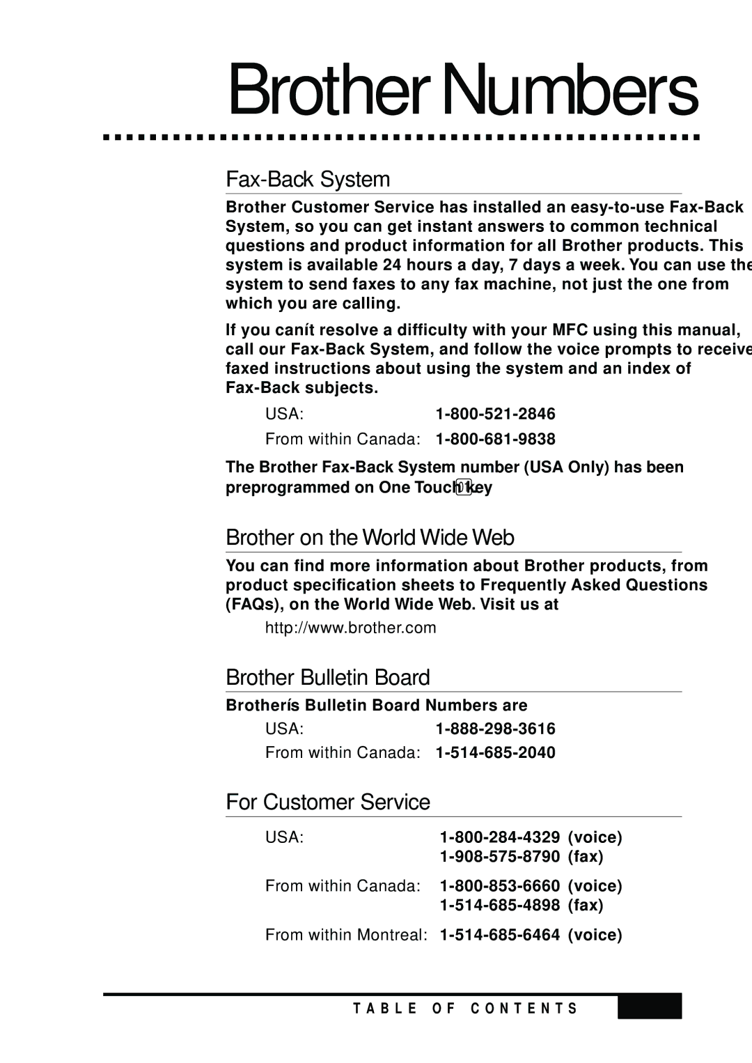 Visioneer MFC7050C Fax-Back System, Brother on the World Wide Web, Brother Bulletin Board, For Customer Service 