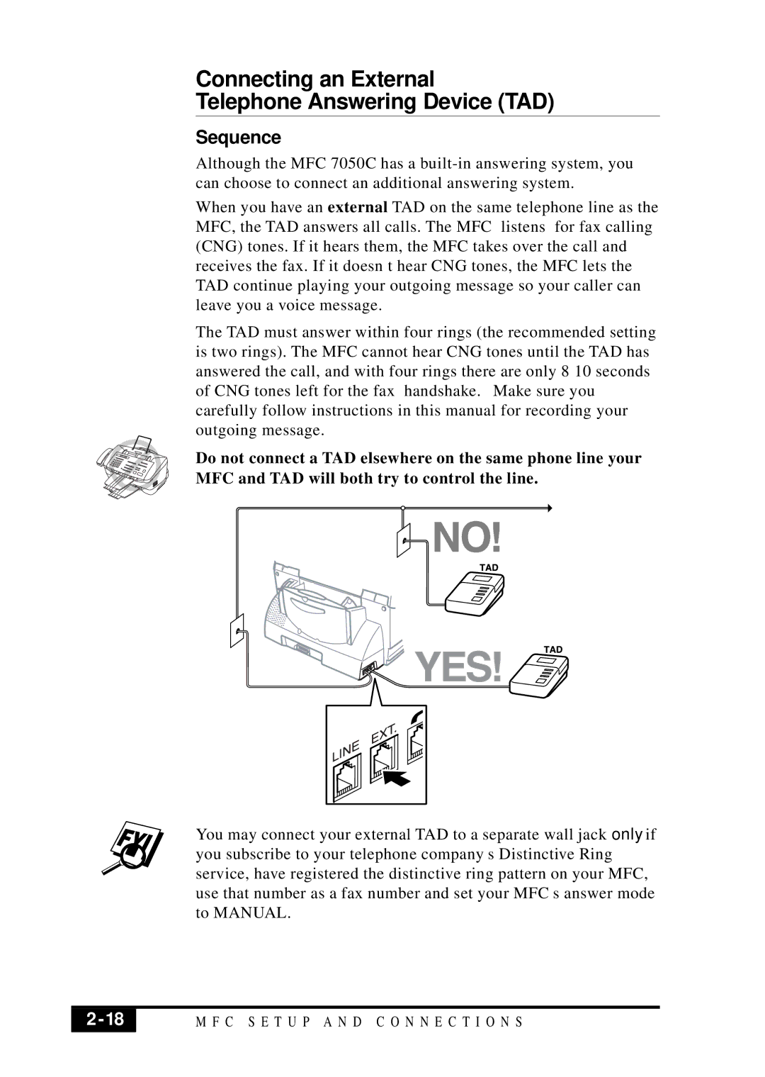 Visioneer MFC7050C owner manual Connecting an External Telephone Answering Device TAD, Sequence 