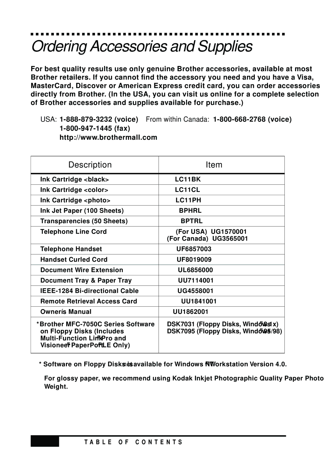 Visioneer MFC7050C owner manual Ordering Accessories and Supplies, Description 