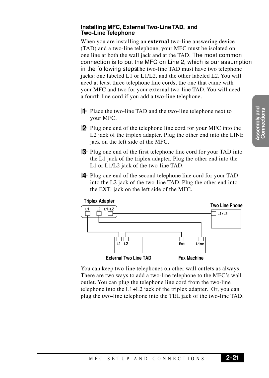 Visioneer MFC7050C owner manual Installing MFC, External Two-Line TAD, Two-Line Telephone 