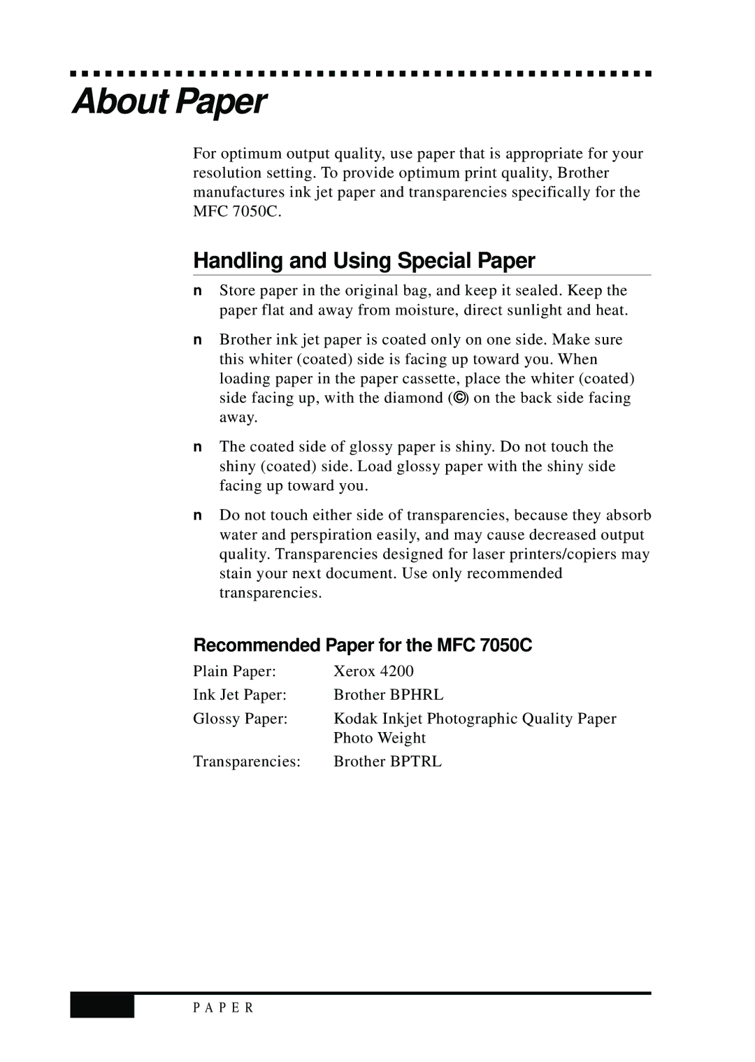 Visioneer MFC7050C owner manual About Paper, Handling and Using Special Paper, Recommended Paper for the MFC 7050C 