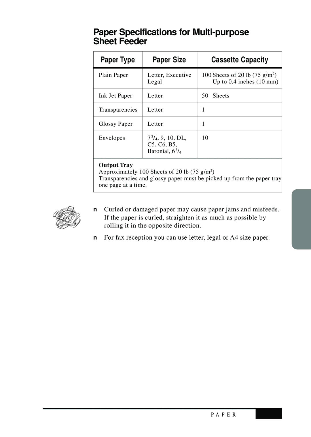 Visioneer MFC7050C Paper Specifications for Multi-purpose Sheet Feeder, Paper Type Paper Size Cassette Capacity 