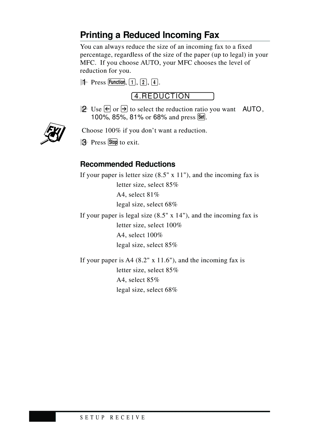 Visioneer MFC7050C owner manual Printing a Reduced Incoming Fax, Recommended Reductions 