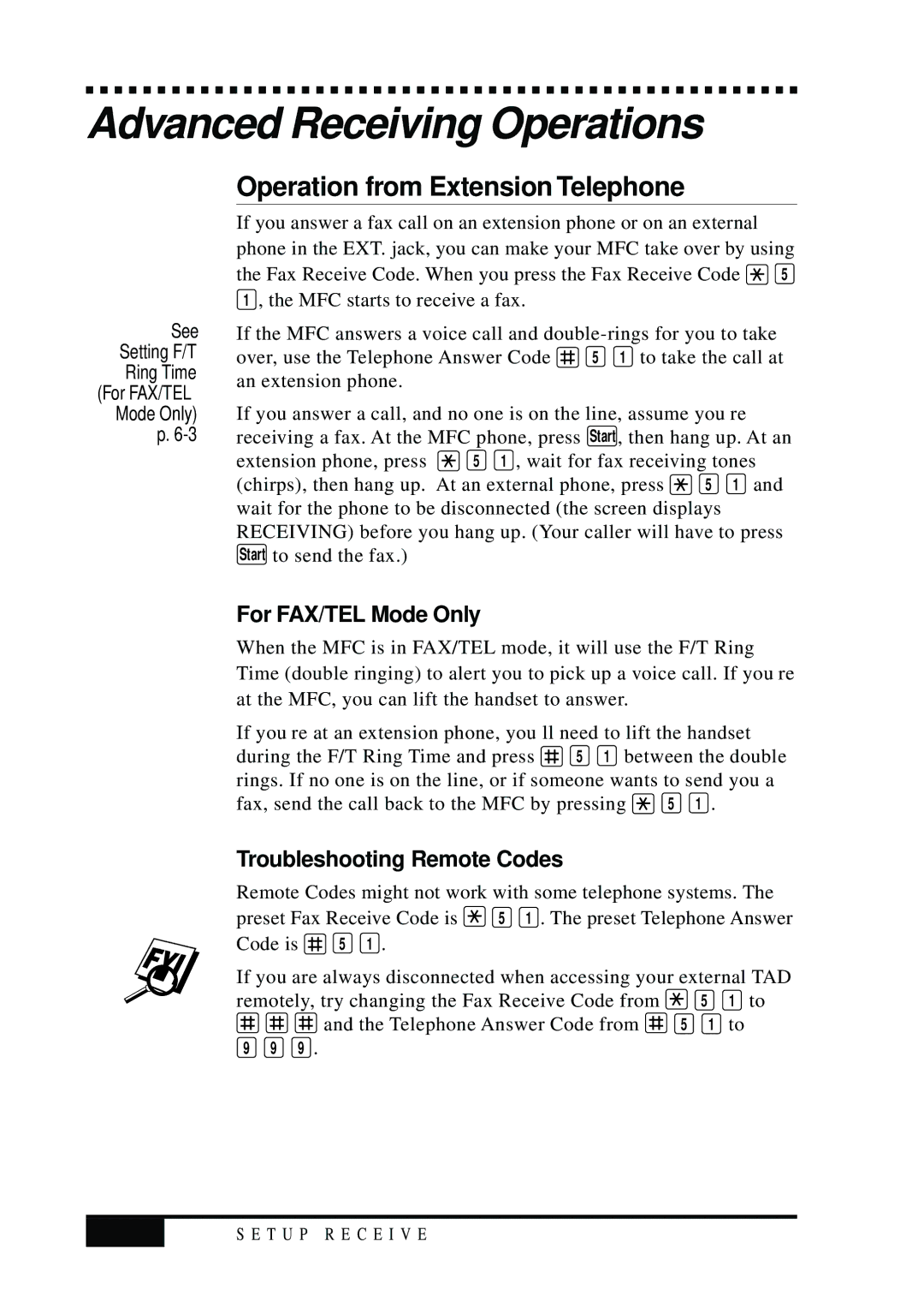 Visioneer MFC7050C owner manual Advanced Receiving Operations, Operation from Extension Telephone, For FAX/TEL Mode Only 