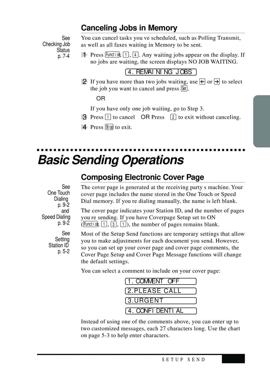 Visioneer MFC7050C owner manual Basic Sending Operations, Canceling Jobs in Memory, Composing Electronic Cover 