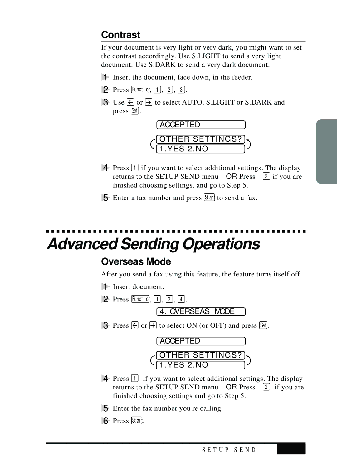 Visioneer MFC7050C owner manual Advanced Sending Operations, Contrast, Overseas Mode 