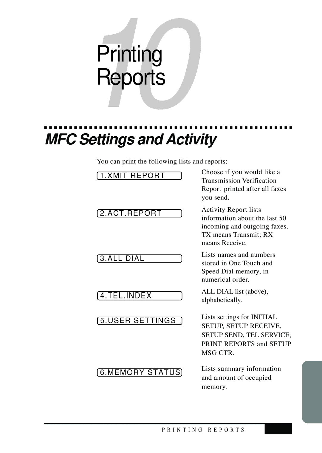 Visioneer MFC7050C owner manual MFC Settings and Activity, 10-1 