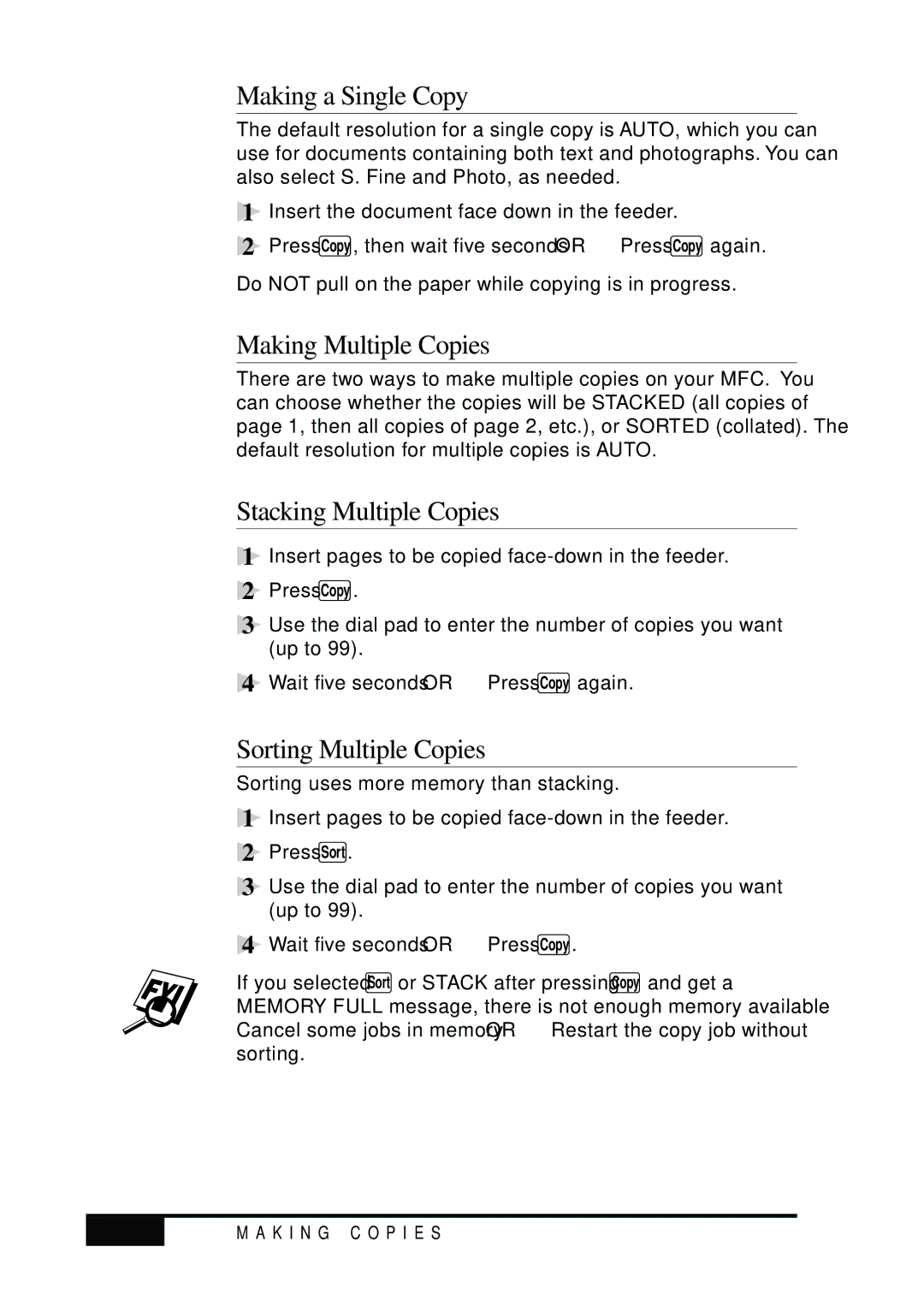 Visioneer MFC7050C Making a Single Copy, Making Multiple Copies, Stacking Multiple Copies, Sorting Multiple Copies, 11-2 