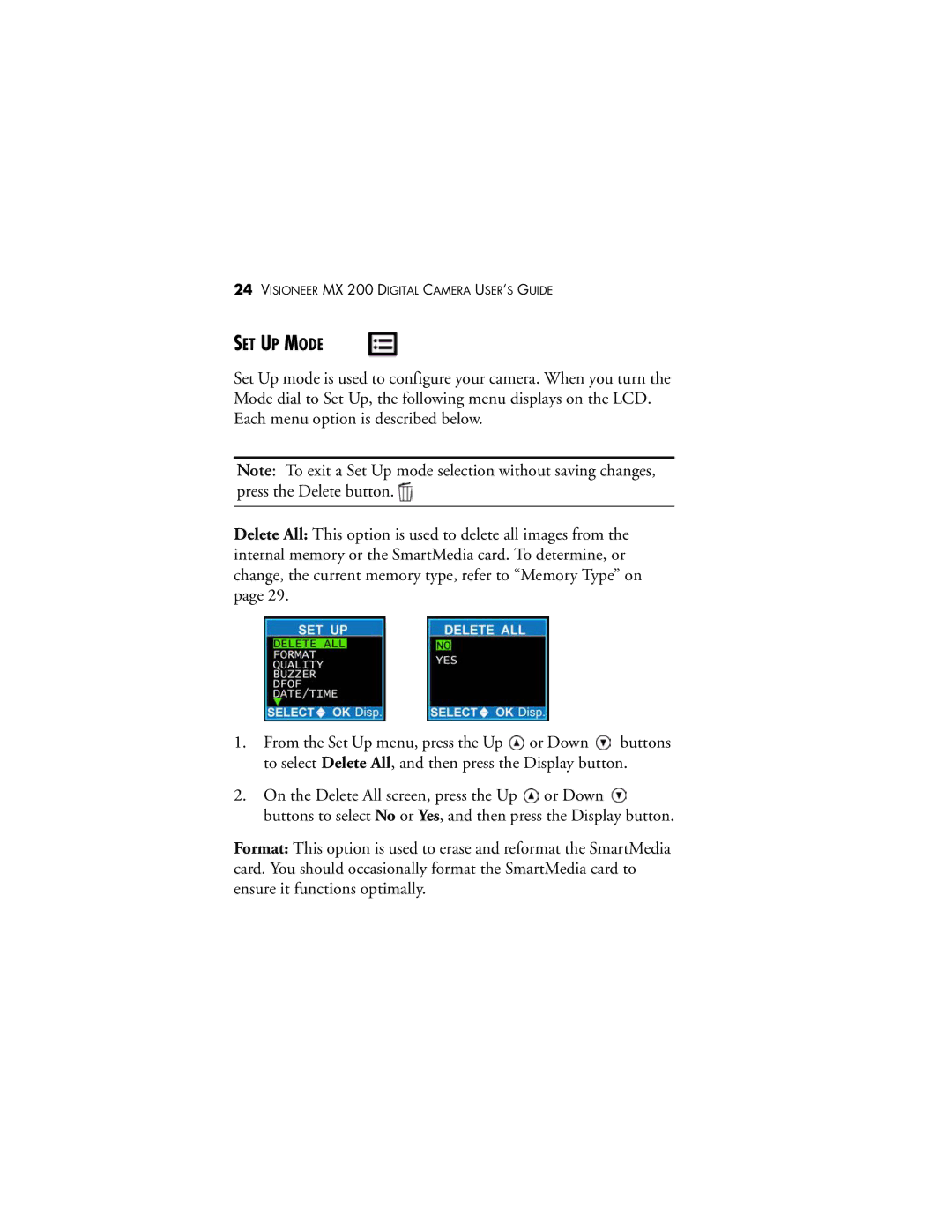 Visioneer MX 200 manual SET UP Mode 