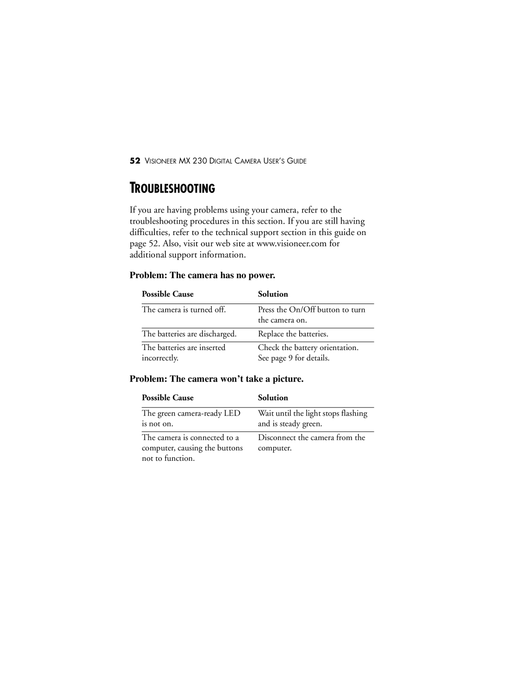 Visioneer MX 230 manual Troubleshooting, Problem The camera has no power, Problem The camera won’t take a picture 