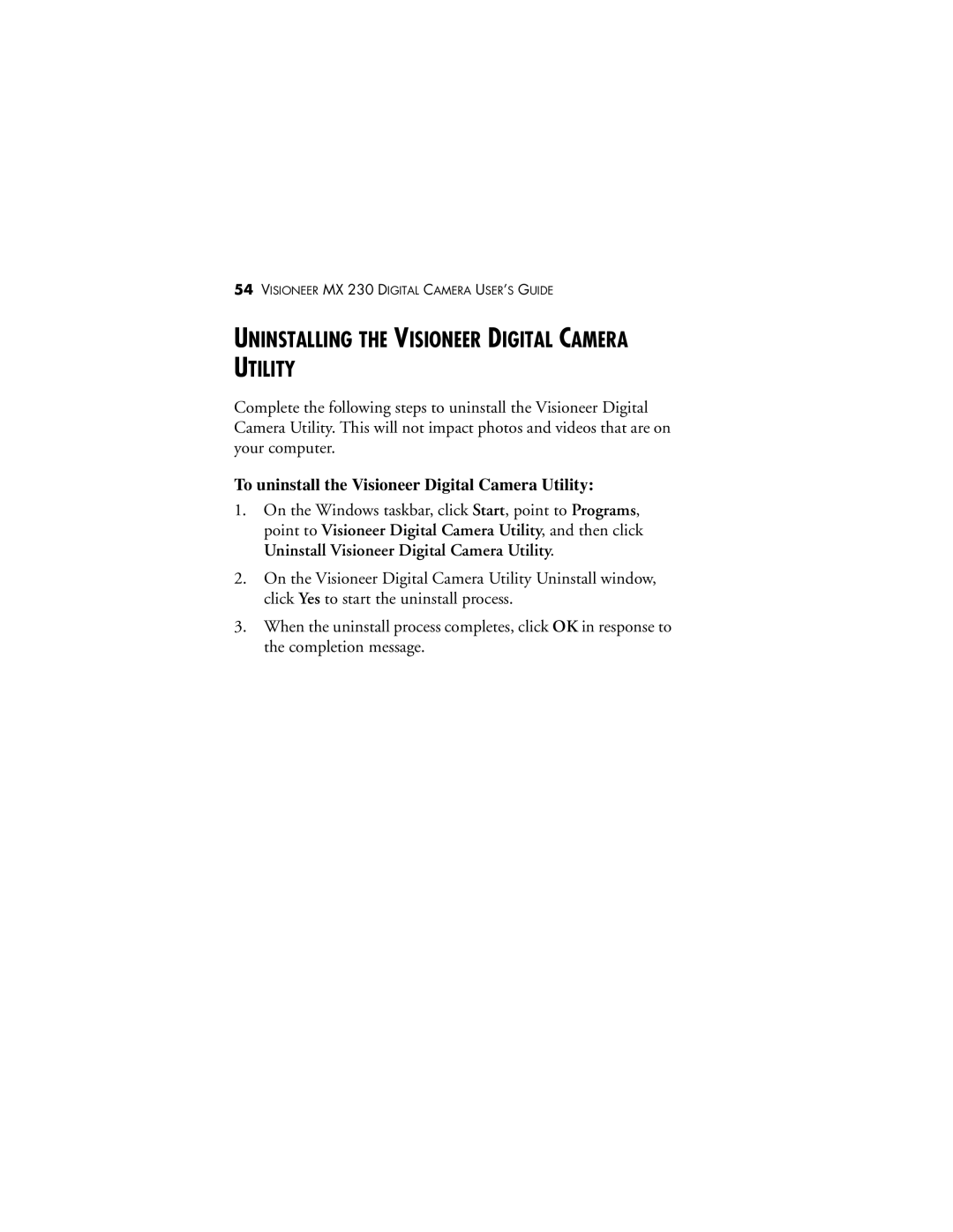Visioneer MX 230 Uninstalling the Visioneer Digital Camera Utility, To uninstall the Visioneer Digital Camera Utility 