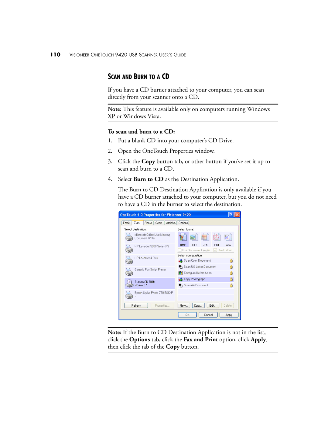 Visioneer One Touch 9420 manual Scan and Burn to a CD, To scan and burn to a CD 