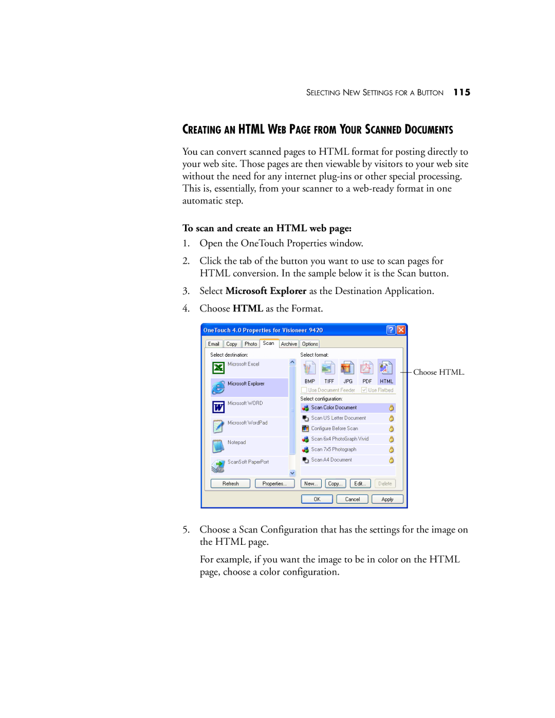 Visioneer One Touch 9420 manual To scan and create an Html web 