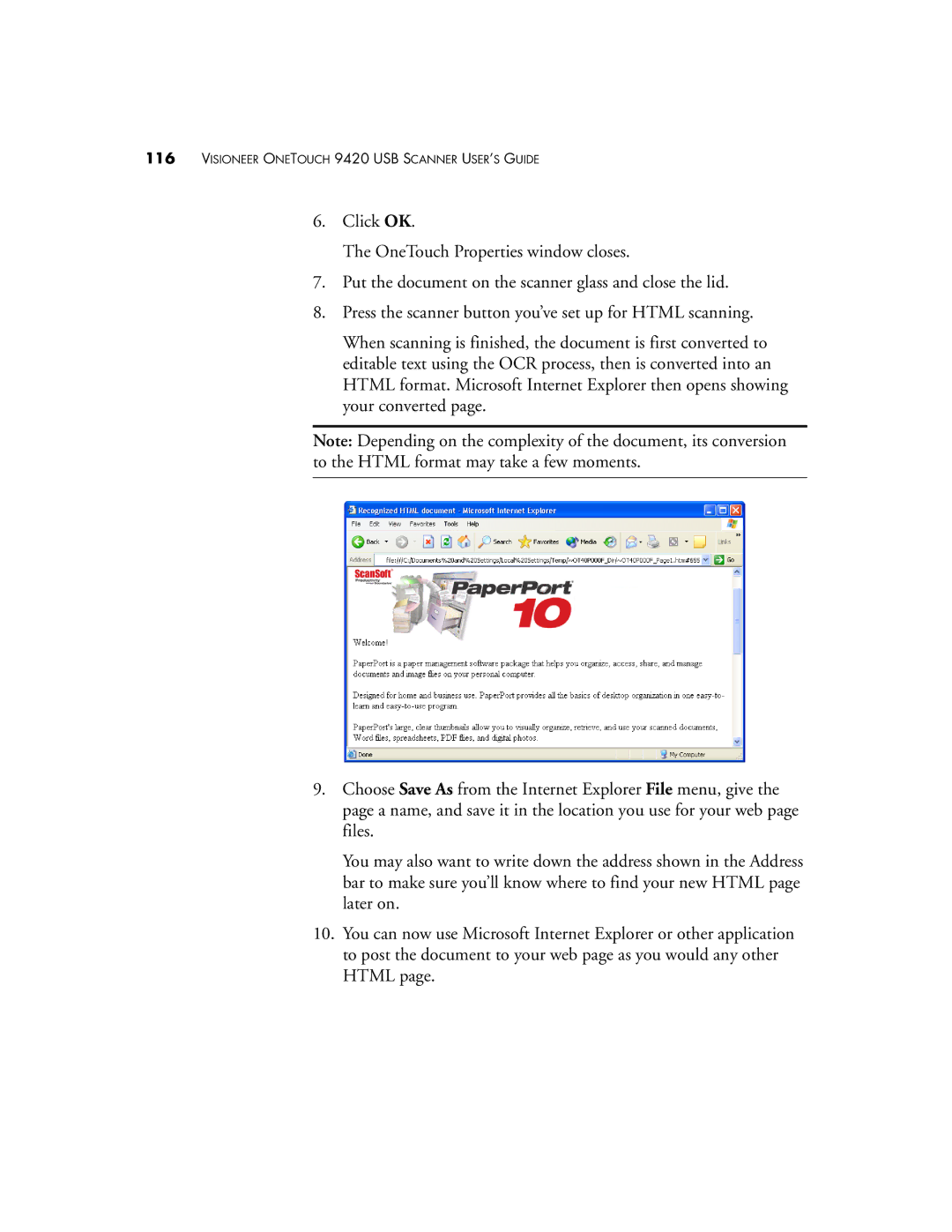 Visioneer One Touch 9420 manual Visioneer Onetouch 9420 USB Scanner USER’S Guide 