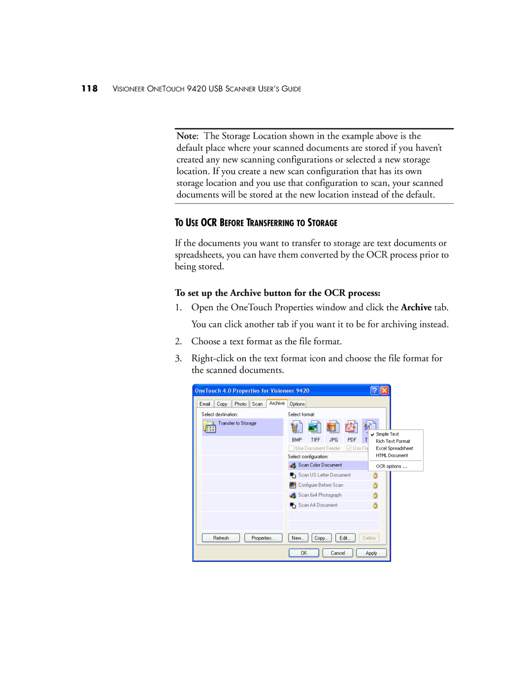 Visioneer One Touch 9420 manual To set up the Archive button for the OCR process 