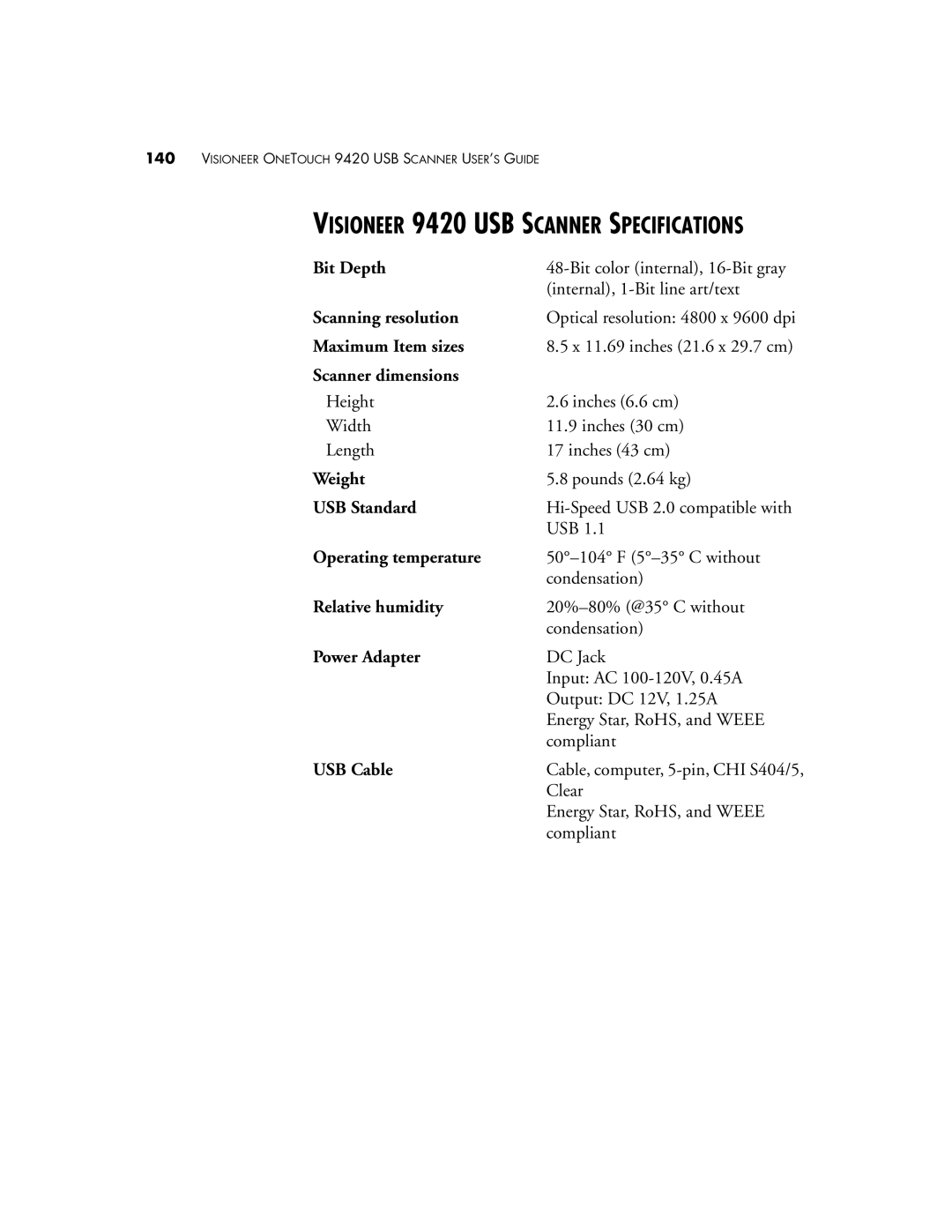 Visioneer One Touch 9420 manual Visioneer 9420 USB Scanner Specifications 