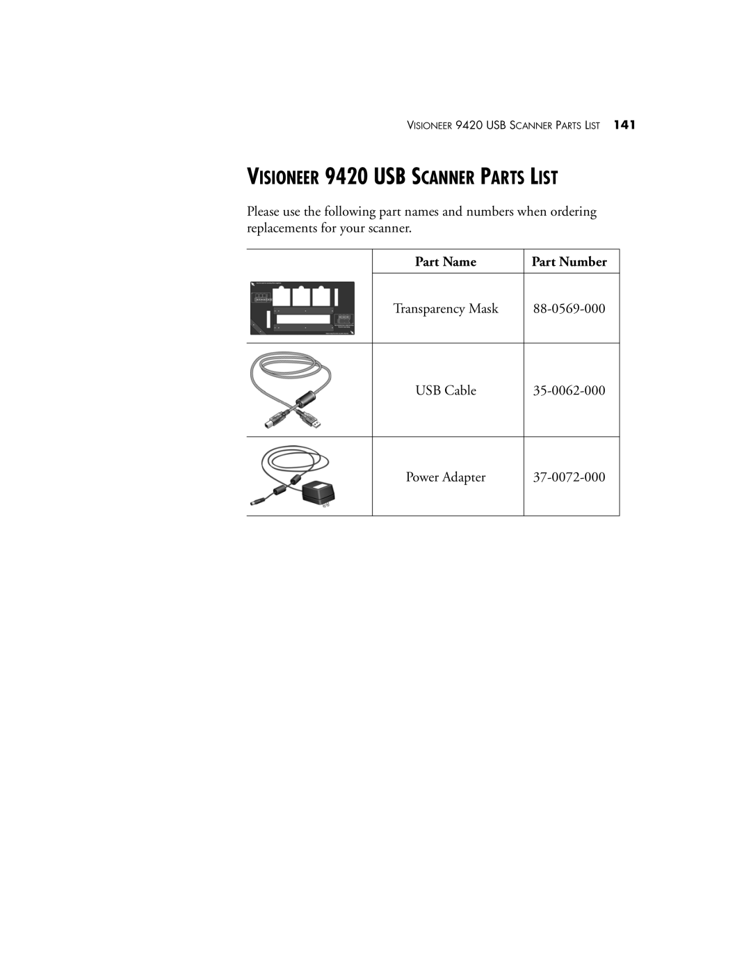 Visioneer One Touch 9420 manual Visioneer 9420 USB Scanner Parts List, Part Name Part Number 