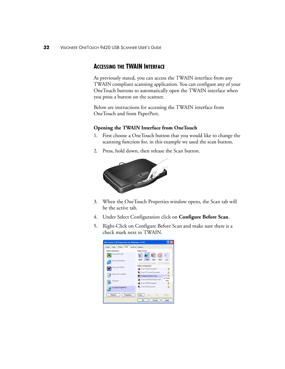 Visioneer One Touch 9420 manual Accessing the Twain Interface, Opening the Twain Interface from OneTouch 