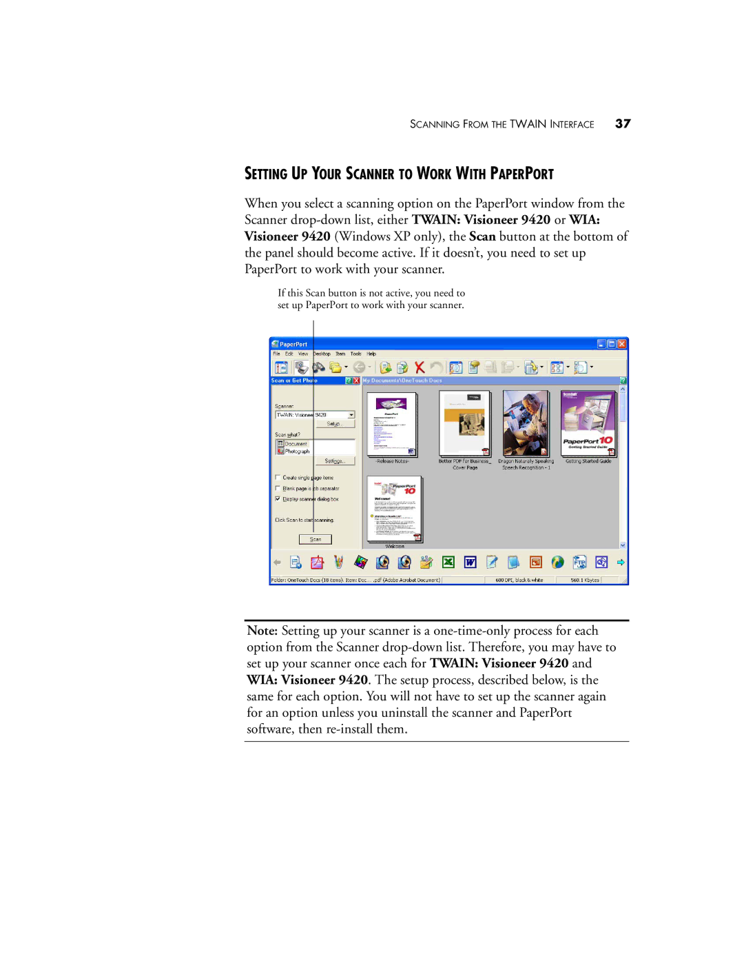 Visioneer One Touch 9420 manual Setting UP Your Scanner to Work with Paperport 