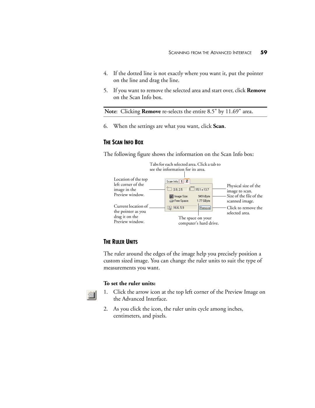 Visioneer One Touch 9420 manual Following figure shows the information on the Scan Info box, To set the ruler units 