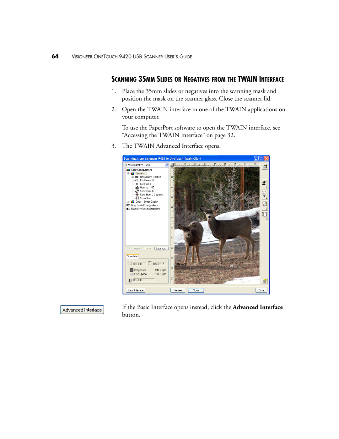 Visioneer One Touch 9420 manual Scanning 35MM Slides or Negatives from the Twain Interface 