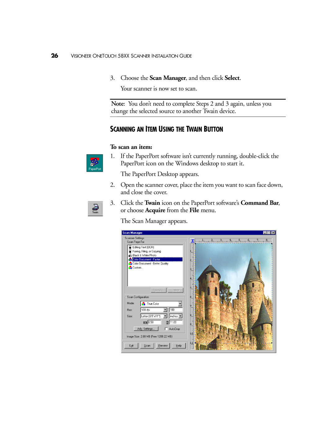 Visioneer OneTouch 58XX manual Scanning AN Item Using the Twain Button, To scan an item 