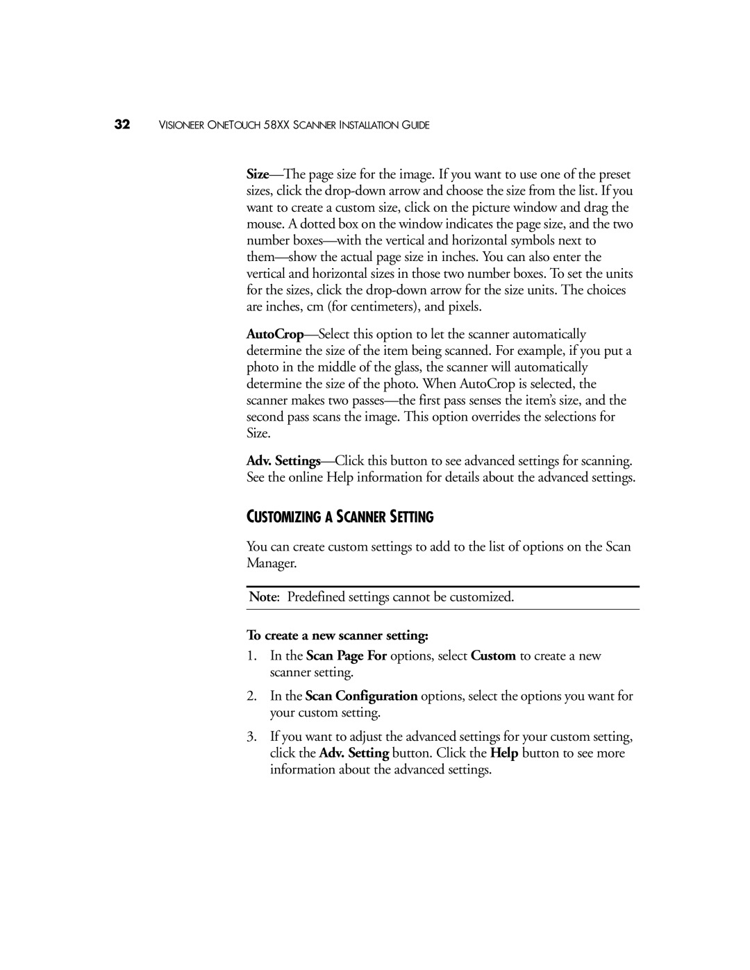 Visioneer OneTouch 58XX manual Customizing a Scanner Setting, To create a new scanner setting 