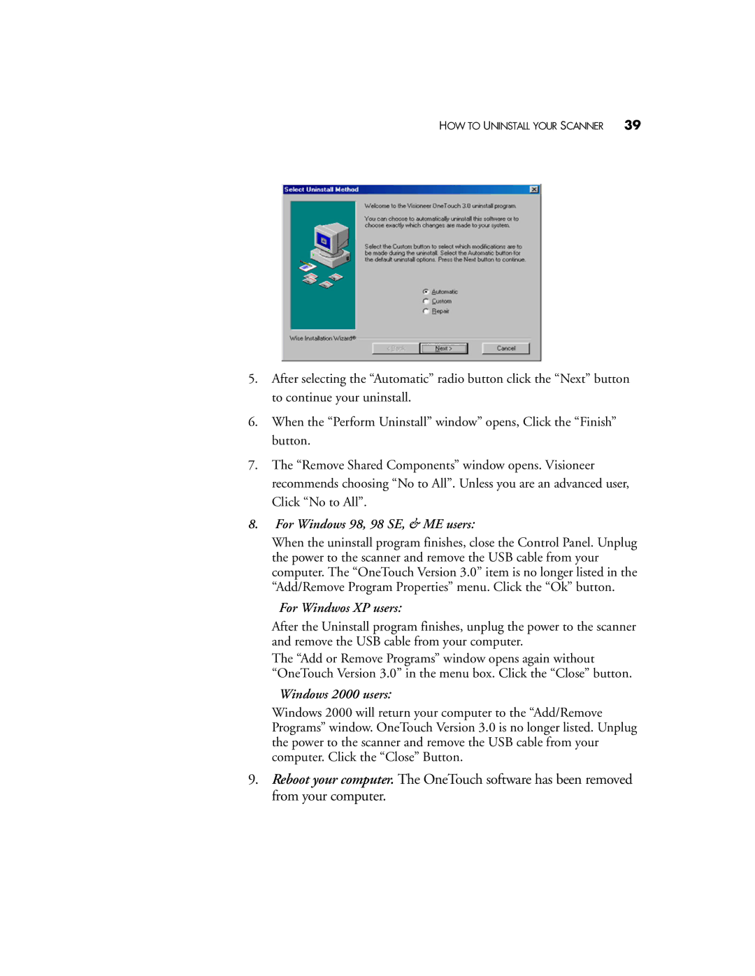 Visioneer OneTouch 58XX manual For Windows 98, 98 SE, & ME users 