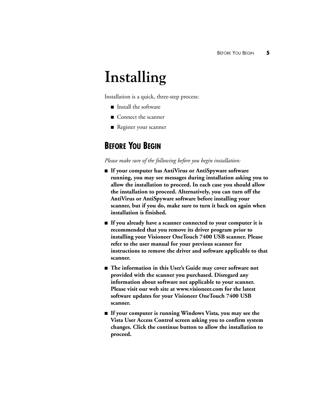 Visioneer OneTouch 7400 manual Installing, Before YOU Begin 