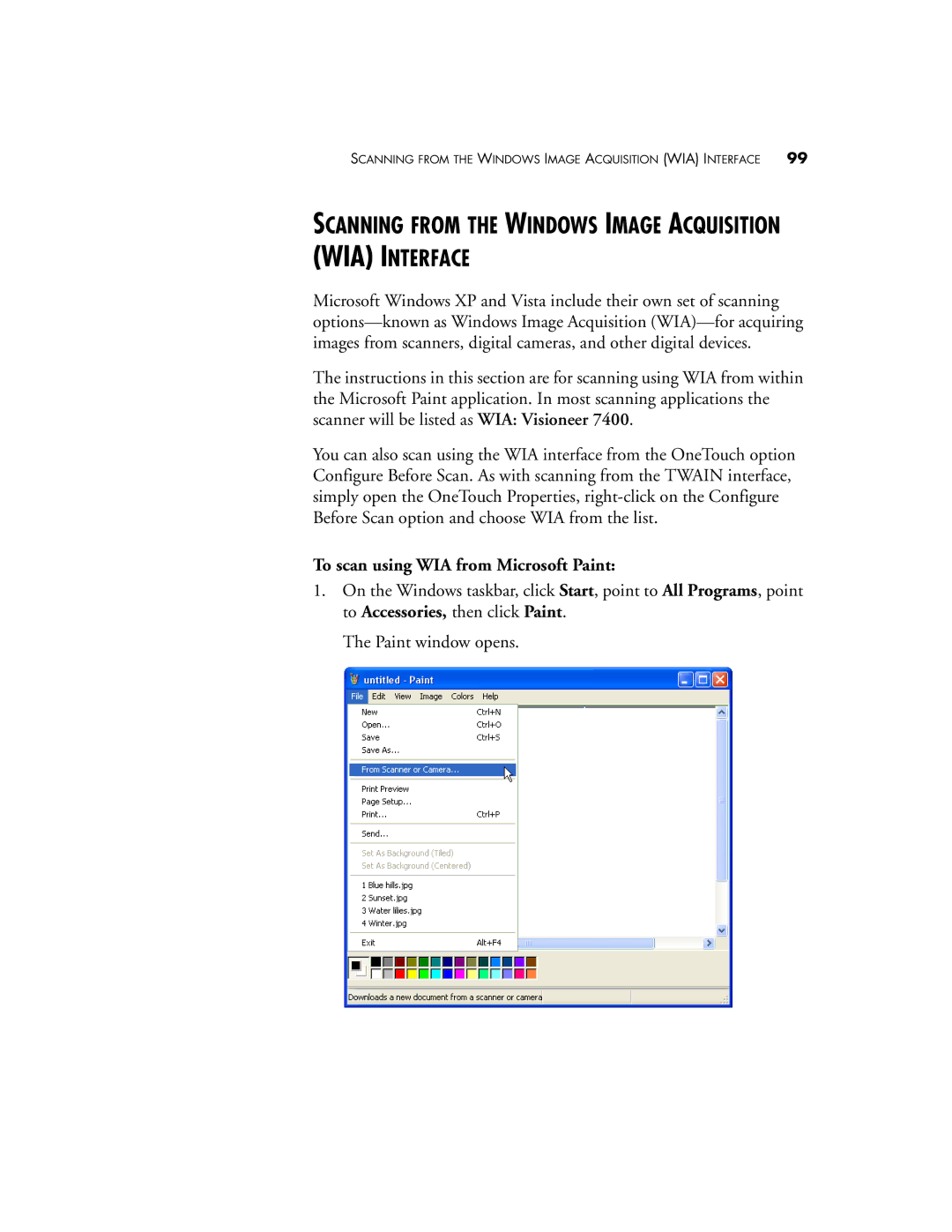 Visioneer OneTouch 7400 Scanning from the Windows Image Acquisition WIA Interface, To scan using WIA from Microsoft Paint 