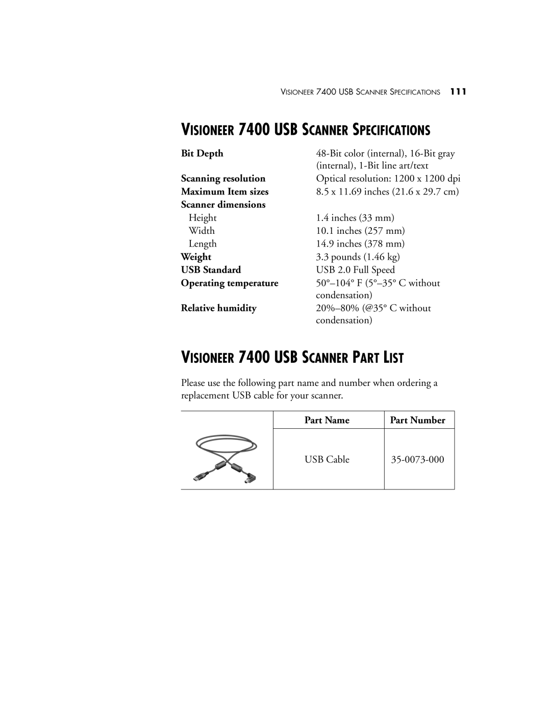 Visioneer OneTouch 7400 manual Visioneer 7400 USB Scanner Specifications, Visioneer 7400 USB Scanner Part List 