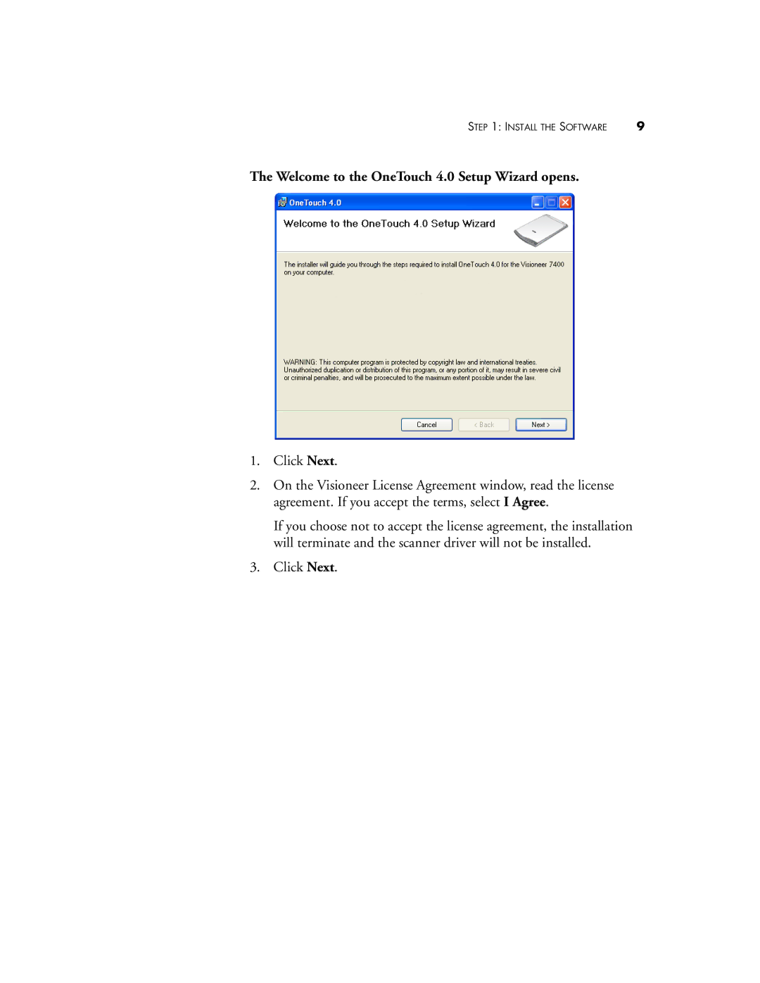 Visioneer OneTouch 7400 manual Welcome to the OneTouch 4.0 Setup Wizard opens 