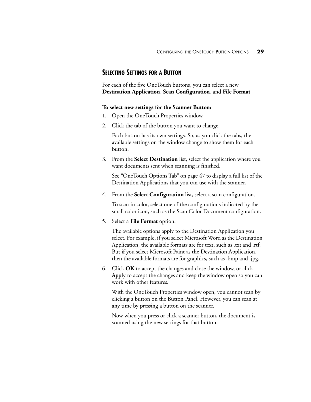 Visioneer OneTouch 7400 manual Selecting Settings for a Button, To select new settings for the Scanner Button 