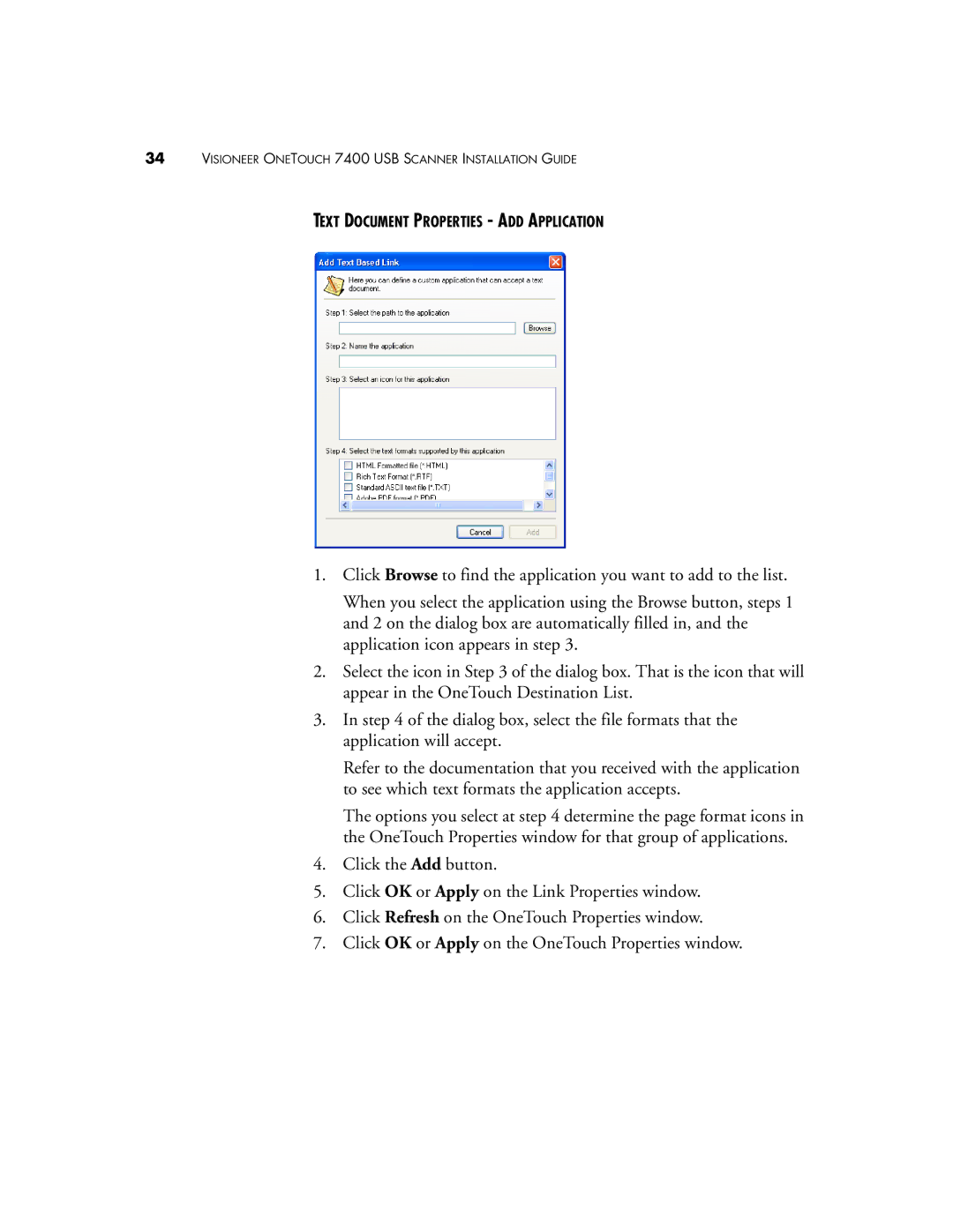 Visioneer OneTouch 7400 manual Text Document Properties ADD Application 