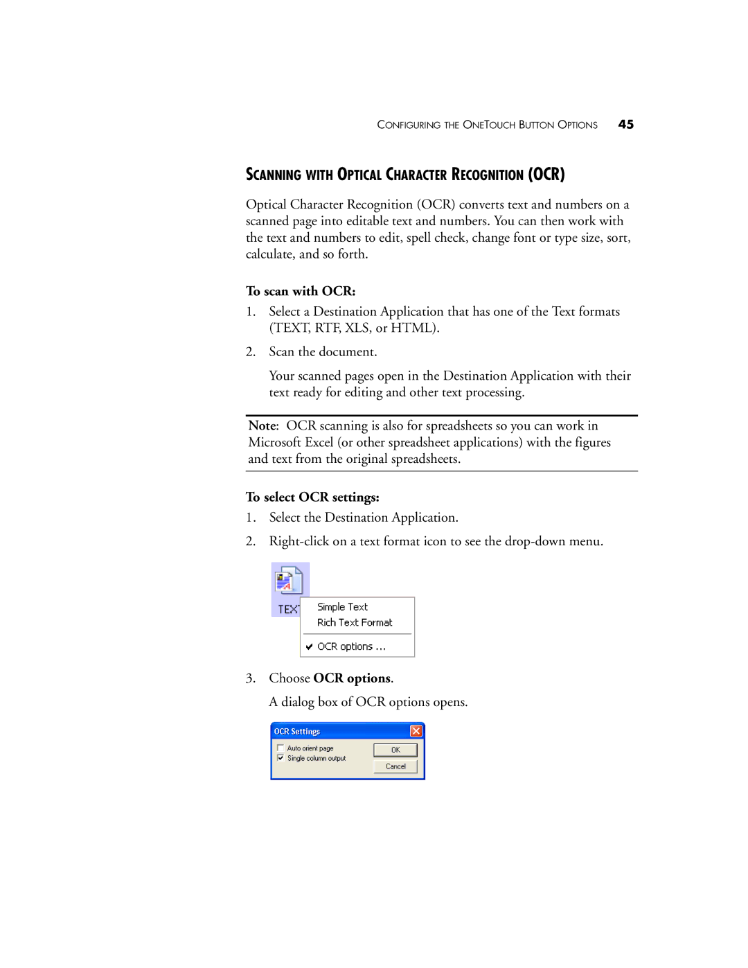 Visioneer OneTouch 7400 manual Scanning with Optical Character Recognition OCR, To scan with OCR, To select OCR settings 