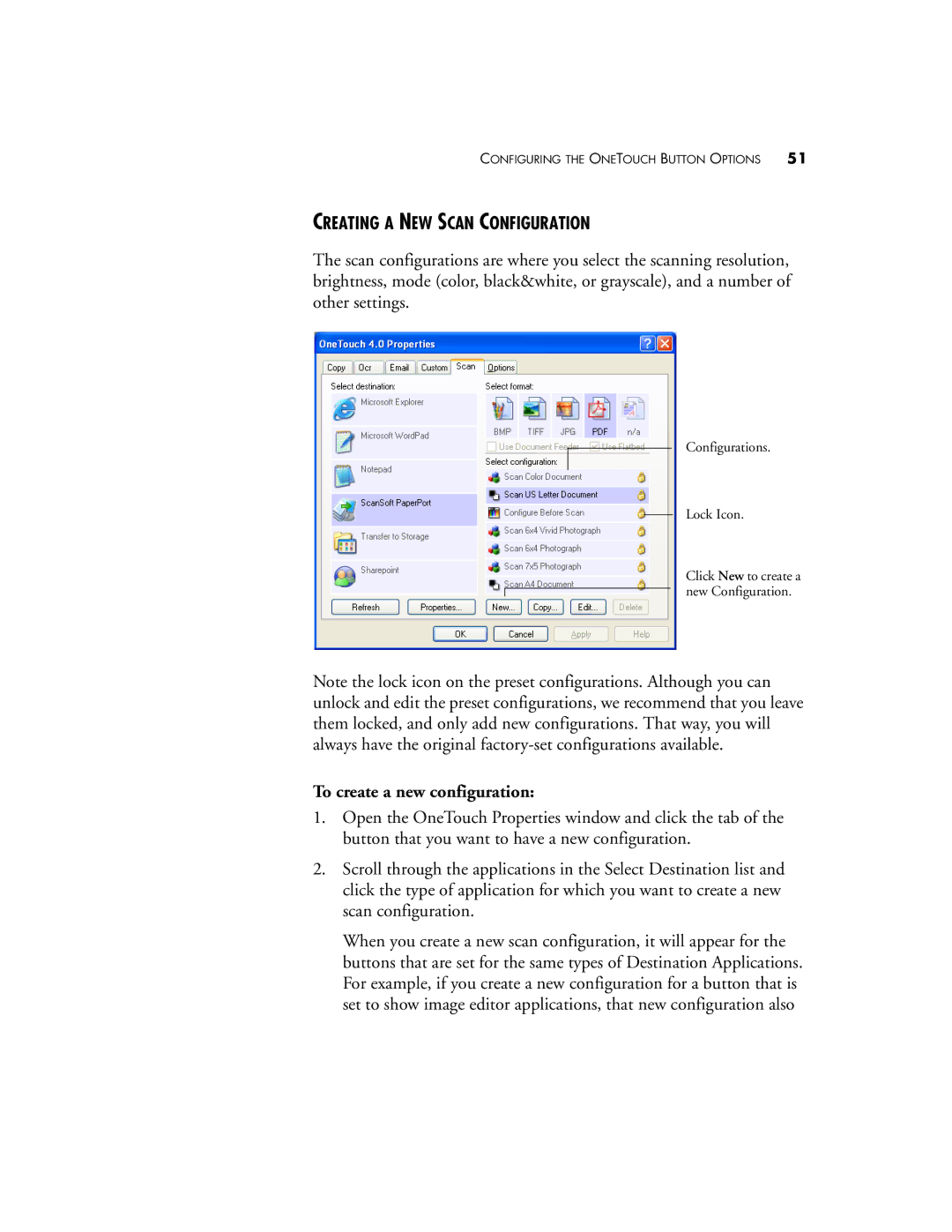 Visioneer OneTouch 7400 manual Creating a NEW Scan Configuration, To create a new configuration 