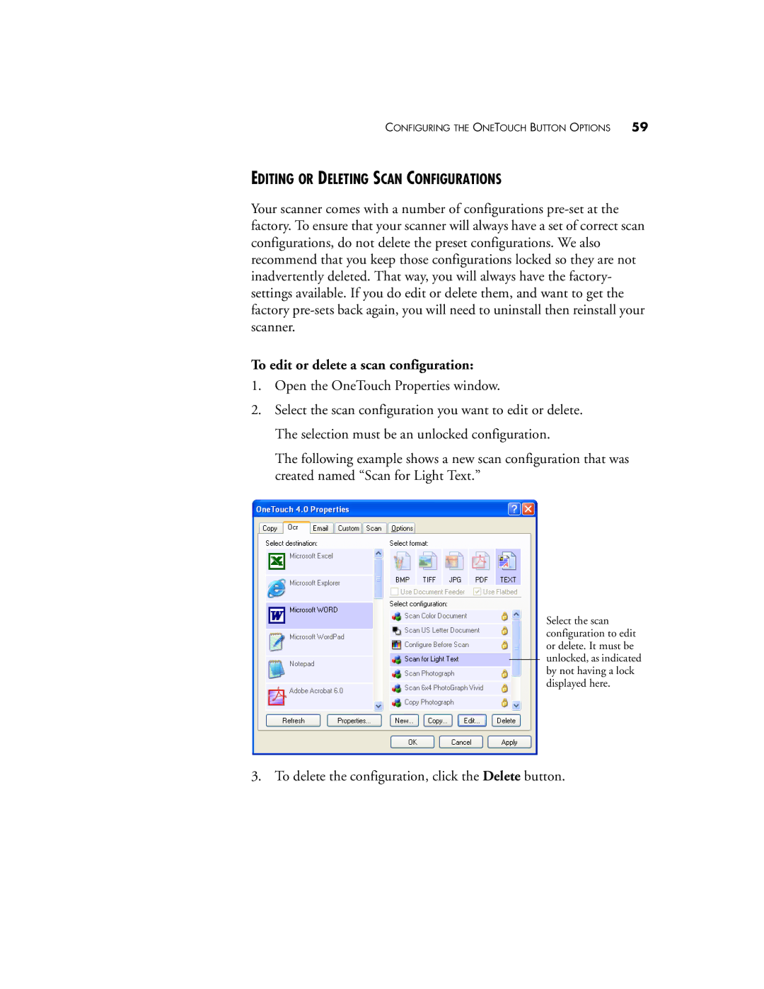 Visioneer OneTouch 7400 manual Editing or Deleting Scan Configurations, To edit or delete a scan configuration 