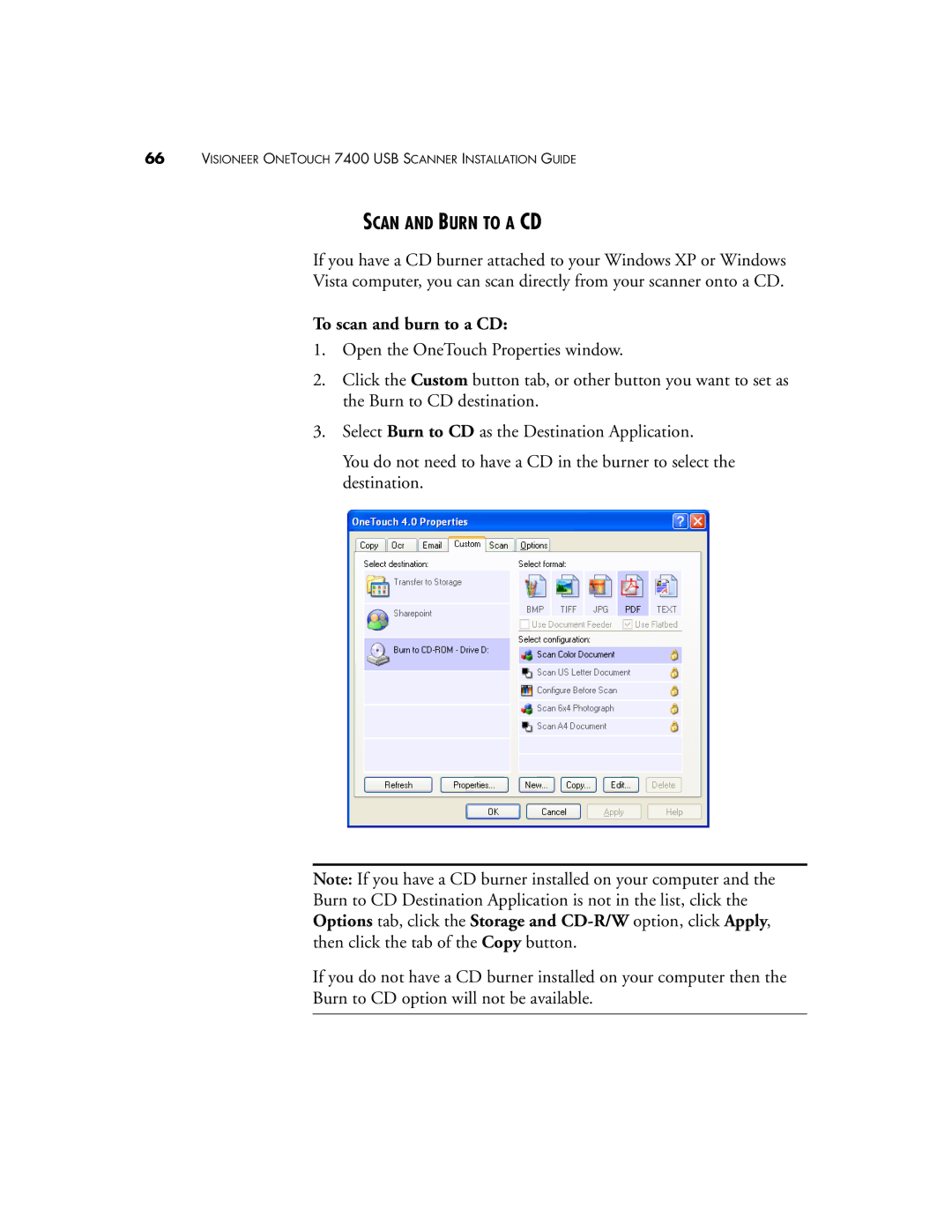 Visioneer OneTouch 7400 manual Scan and Burn to a CD, To scan and burn to a CD 